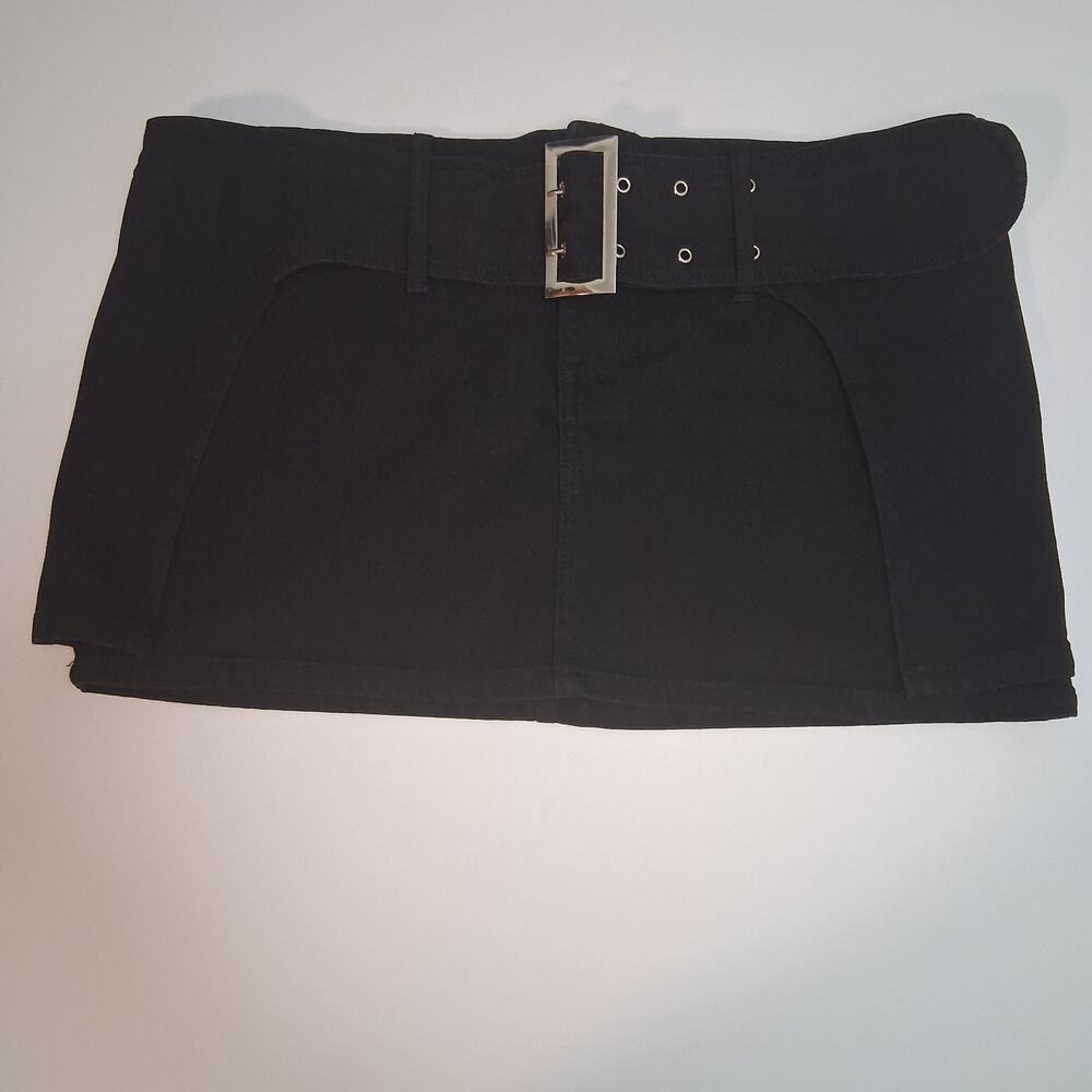 NWT Fashion Nova Women Sound Alarm Denim Black Wash Mini Skirt Large Buckle-XL